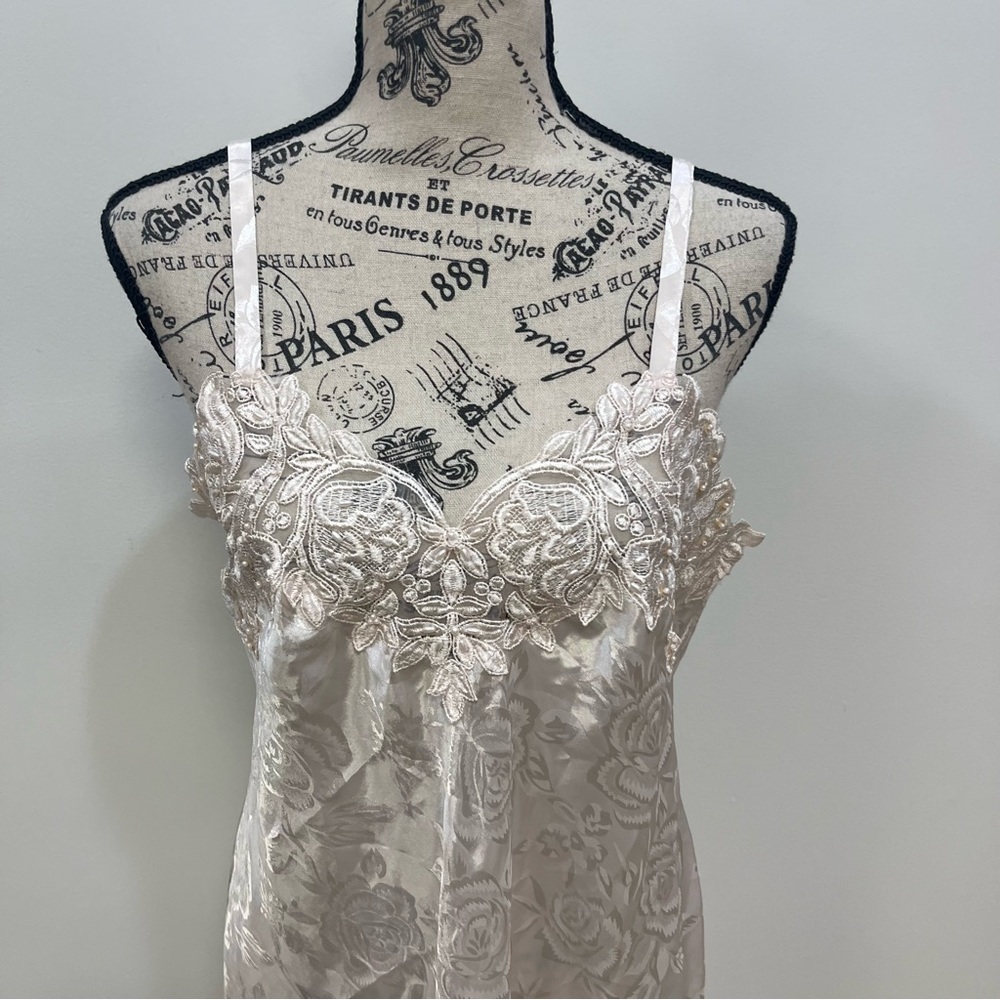 Private Luxuries Vintage Satin Midi Nightgown Crochet Floral Print Womens M - Picture 2 of 8